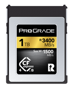 ProGrade 1TB CFexpress 4.0 Type B memory card showing 3400 MB/s read and 1500 MB/s sustained write speeds