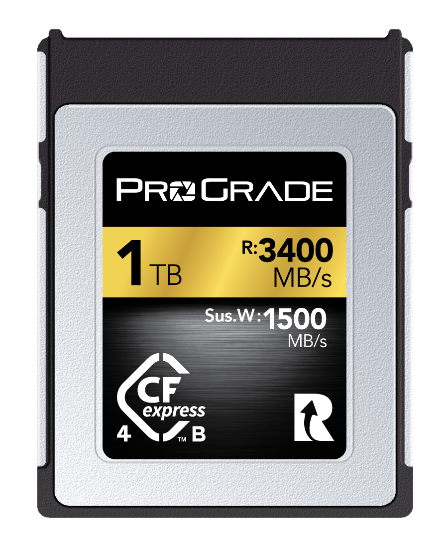 ProGrade 1TB CFexpress 4.0 Type B memory card showing 3400 MB/s read and 1500 MB/s sustained write speeds
