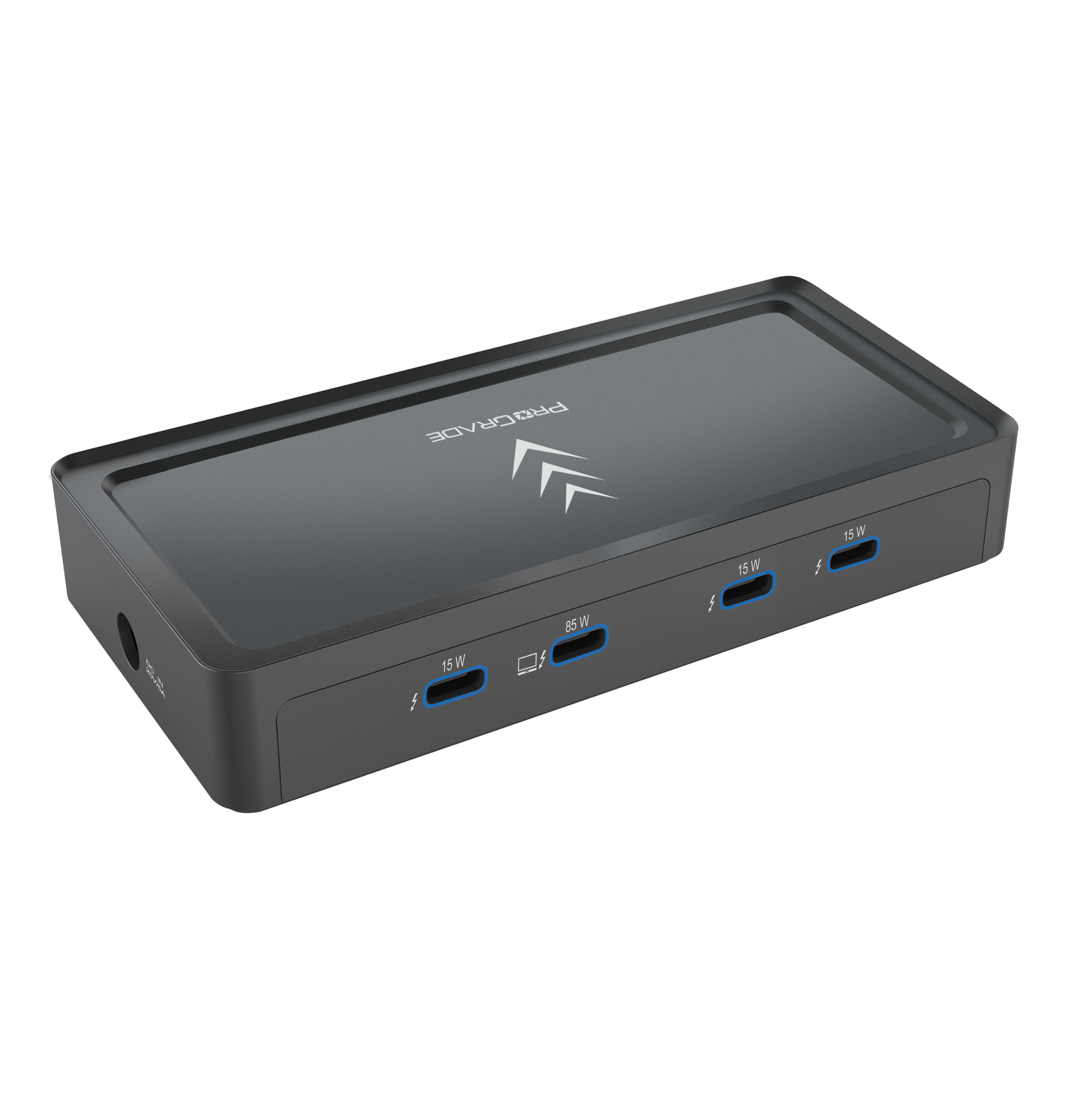 Black ProGrade Thunderbolt docking station with four USB-C ports labeled 15W and 85W